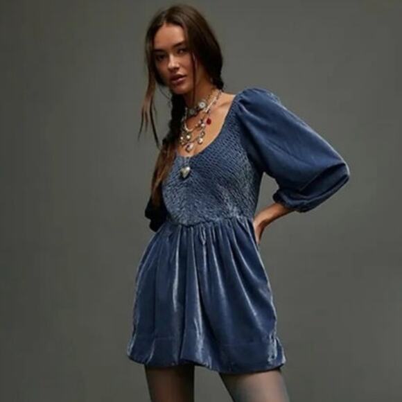 Free People Farrier Velvet Mini Dress Womens M Blue Smocked Puff Sleeve Witchy - Picture 2 of 8